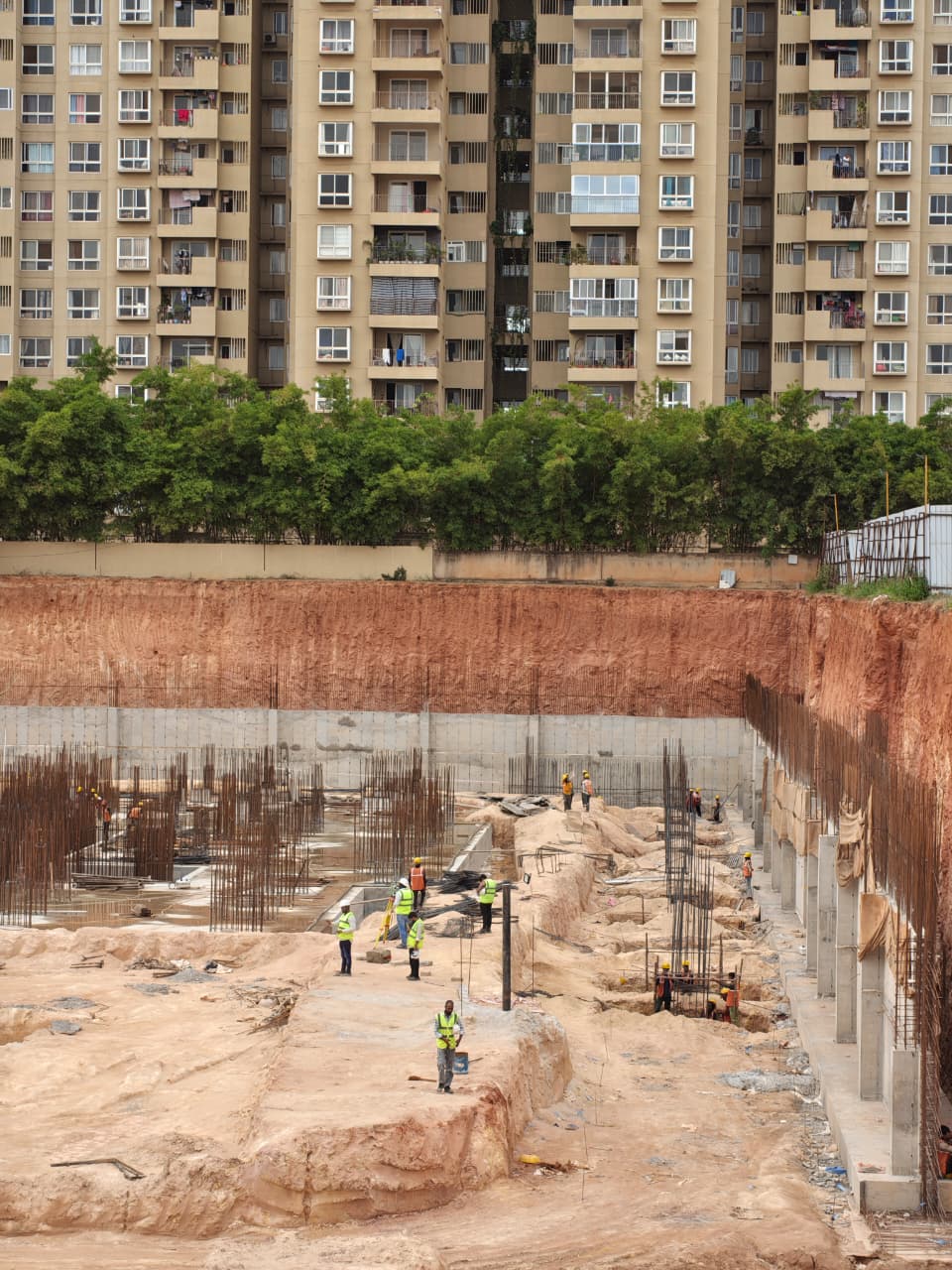 Excavation site with foundation work in progress