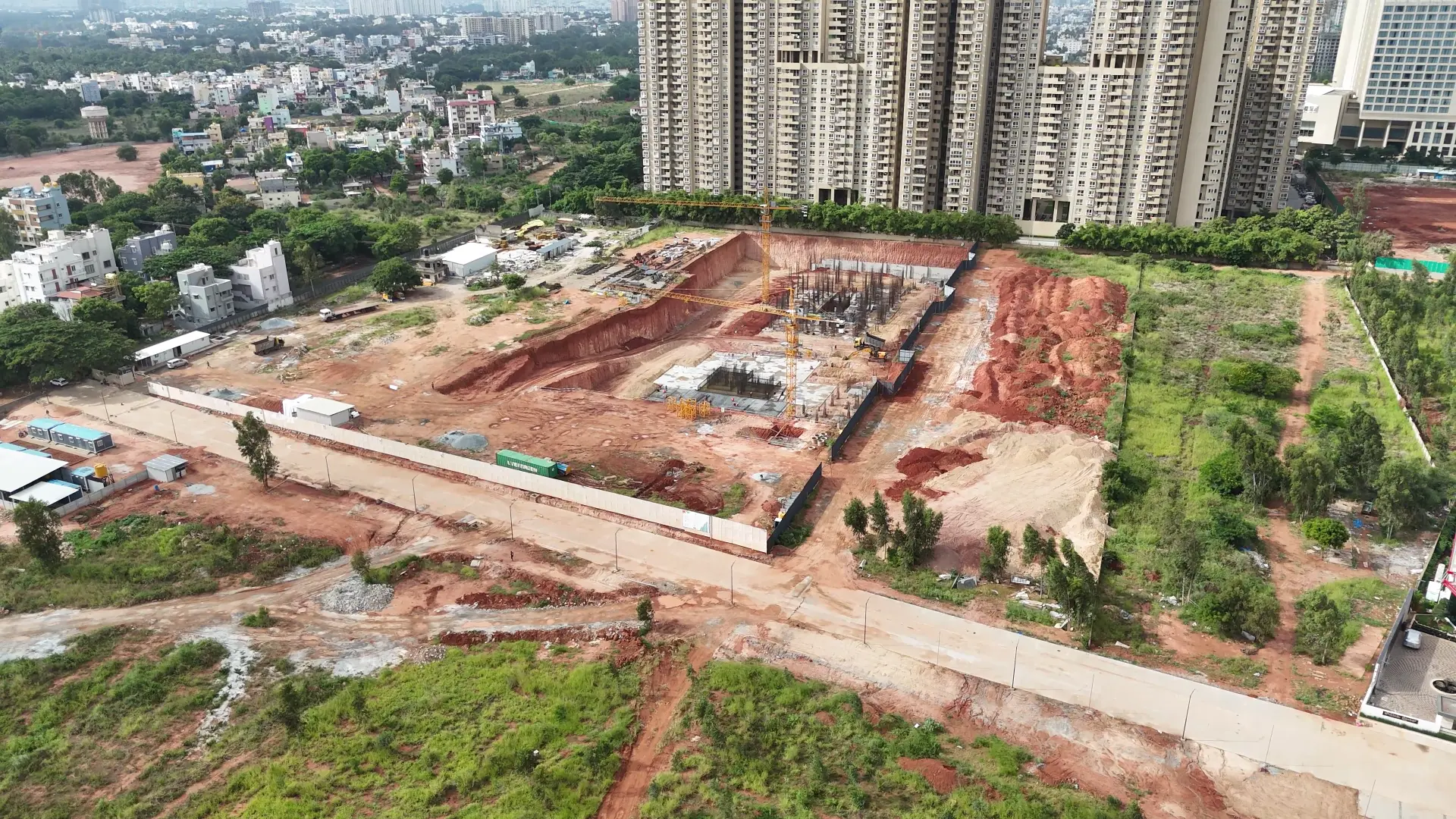 Foundation and rebar column construction with tower crane