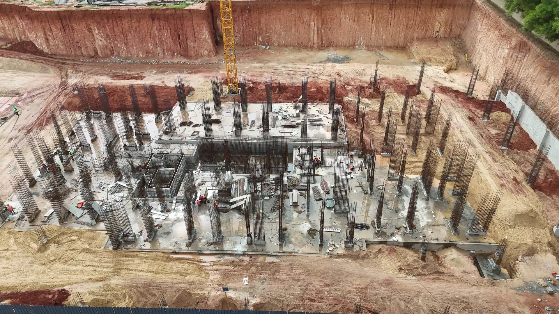 Excavation site with foundation work in progress